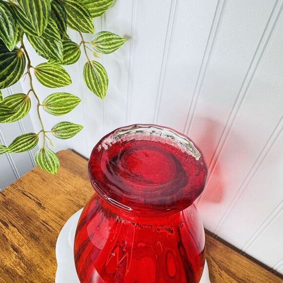 Vintage Ruby Red Glass Vase Bowl Ruffled Ribbed Melon Heavy BEAUTIFUL 9.25” - Picture 8 of 11